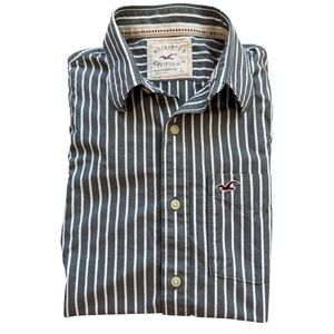 Vintage Hollister Men’s Large Long Sleeve Grey White Striped Casual Button-up